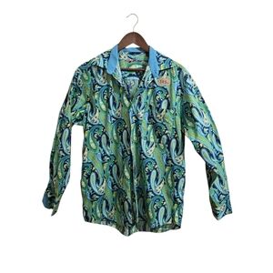 Alan Flusser Men's Size M‎ Paisley Button Down Shirt Green Black Long Sleeve EUC